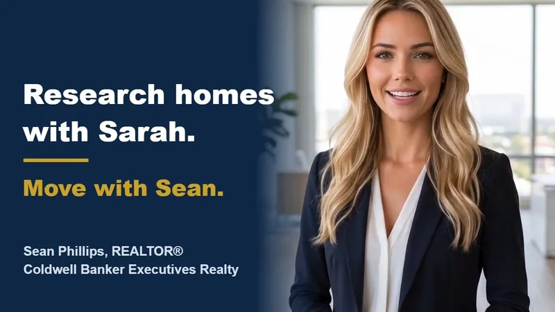 Research homes with Sarah. Move with Sean. Video thumbnail with Sarah, Sean's AI assistant